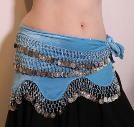G37 -  L Large XL Extra Large - Velvet coinbelt TURQUOISE BLUE, SILVER coins and beads decorated with ondulating bottom