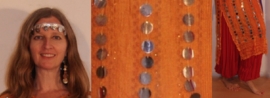 S M L XL - 3-piece Cleopatra set : transparent net dress orange-YELLOW with silver + matching hip shawl + headband