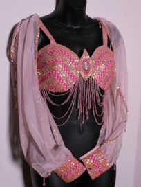 Sexy Burlesque Haremkostuum PARELMOER glans, licht ROSE ROZE :  opengewerkte harembroek + pailletten BH met mouwtjes + pailletten halssnoer - 36/38 Small Medium
