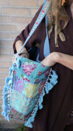 Banjari Indian Bohemian Hippy Tote Bag TURQUOISE5 BLUE GOLD flowers, tassels and beads decorated