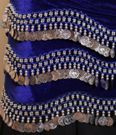 one size - ROYAL BLUE velvet bellydance coinbelt, SILVER beads and sequins decorated
