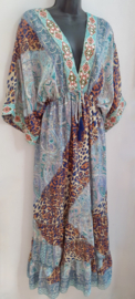 Silk Bohemian hippy chick dress with elastic underbust, patchwork design in shades of AQUA WATERCOLORS GREEN / BLUE with jungle print  and India motives