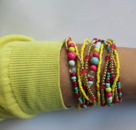 Halssnoer / armband kralenketting 3 stuks Ibiza "Sunshine" fluo GROEN-GEEL FUCHSIA TURQUOISE GOUD