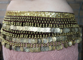 Buikdansgordel fluweel rijk versierd met GOUDEN munten, kralen en glinsterband - GG BRUIN - one size fits S, M, L, Small, Medium