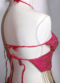 Glitter vlindertop FUCHSIA FEL ROZE met GOUDEN kraaltjes versiering, muntjes en kralenfranje - M, S, XS