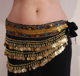 GS1g - BLACK Velvet, GOLDEN coins hipbelt with multicolored stones