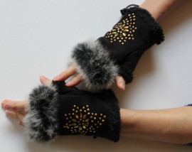 1 paar konijnenbont handschoenen ZWART met GOUDEN studjes versiering - handwarmers polswarmers - (Extra) Small