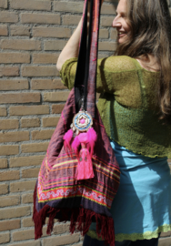 XL - Key ring NEON BRIGHT PINK FUCHSIA and ORANGE with tassels, Cowry shells and feathers