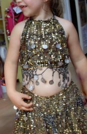 3-piece Girls Bellydance bellydance glitter costume  with SKIRT + top + tiara, GOLD, SILVER decorated