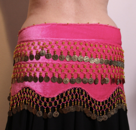 Velvet coinbelt PINK with ondulating bottom, GOLDEN coins and beads decorated - G37 L Large XL Extra Large - G37