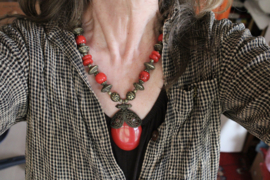 Tribal fusion RED pendant, necklace with RED and DARK GOLD colored beads