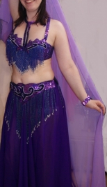 Fully sequinned 6-piece bellydance costume PURPLE SILVER, beaded fringe decorated