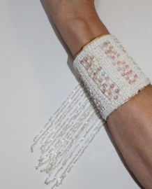 one size - Arm cuff / wrist band fully sequinned with beaded fringe WHITE iridiscent