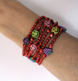 Lightweight 6-pce beaded bracelet set RED, colorful smiley's decorated