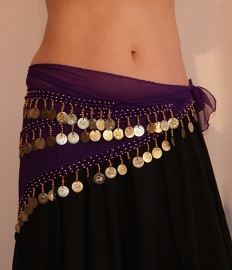 One size - Basic bellydance coinbelt triangle PURPLE GOLD / SILVER - Foulard VIOLET pour la danse orientale triangulaire aux sequins DORÉS / ARGENTÉS