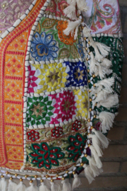 Richely embroidered Banjari Indian Bohemian Bag, flowered and colorful, WHITE8 GOLD ORANGE AQUA MULTICOLOR, GOLD embroidered