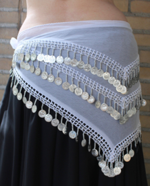 One size - Basic bellydance coinbelt triangle WHITE, SILVER decorated - Foulard BLANC ARGENTÉ triangulaire aux sequins pour la danse orientale