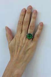 one size adaptable - Ring SILVER plated with GREEN, round transparent stone