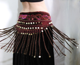 BURGUNDY DARK RED FUCHSIA PINK velvet hip belt with long beaded fringe - one size fits XL XXL XXXL XXXXL, 2XL, 3XL, 4XL