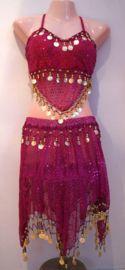 S, XS, XXS - 3-piece harem costume lady : top + skirt + headband FUCHSIA GOLD