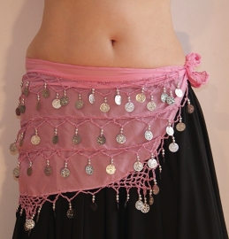 one size - Basic bellydance hipbelt halfcircle SOFT PINK SILVER - Foulard ROSE à sequins ARGENTÉS pour la danse orientale