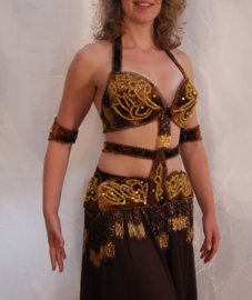 6-piece Egyptian bellydance costume BROWN GOLD velvet, Egyptian style