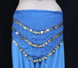 Basic buikdansgordel driehoek  BLAUW, licht transparant chiffon met haakwerk, kraaltjes en GOUDEN muntjes - One size