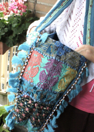 Banjari Indian Bohemian Hippy XL Bag TURQUOISE3 GOLD PINK , tassels and beads decorated