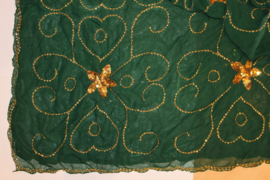 Sluier rechthoekig DONKER GROEN chiffon, volledig versierd met GOUDEN pailletten, India stijl - 100 cm x 190 cm