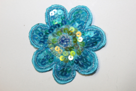 Pailletten applicatie / broche TURQUOISE bloem - diameter 8 cm