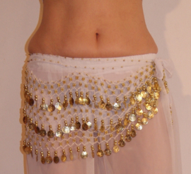 Bellydance hipscarf with coins and beads WHITE, GOLD decorated