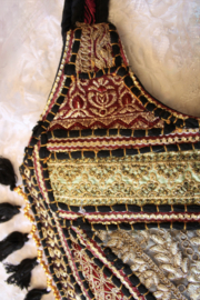 Unieke Boho hippie chic Volle Maan handtas patchwork kwastjes borduursel rits ZWART GOUD BORDEAUX TURQUOISE schoudertas - 38 cm x 29 cm