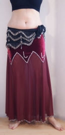 M Medium L Large XL - WINERED /DEEP RED Skirt with velvet hips and transparent chiffon leg part decorated with SILVER beads and sequins - Jupe de danse orientale velours chiffon