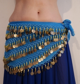 G34 - Coinbelt chiffon TURQUOISE TURKISH BLUE with GOLDEN coins and beads - Foulard pour la danse orientale chiffon TURQUOISE / BLEU TURQUE sequins DORÉS