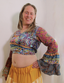 One of a kind wrap and tie top silk, with rushes at the sleeves, Bohemian Indian patchwork design - one size fits XS, S, M, L,  XL