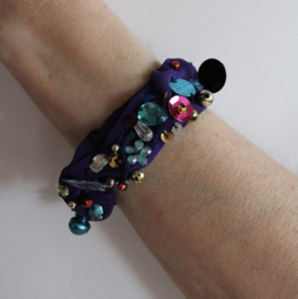 Glitter bracelet DARK PURPLE,  MULTICOLORED stones, beads and dangling bells decorated