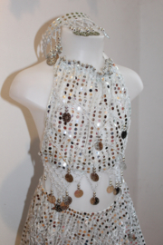 3-piece Glitter bellydance costume girl 4-8 years old SILVER WHITE : headband + top + skirt