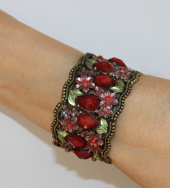 one size - Metal frame Bracelet " Flower Princess " COPPER-GOLD, RED and GREEN decorated