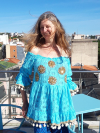 Kanten TURQUOISE off-shoulder bloesje tuniek met GOUDEN pailletten rozetten versiering, afgeboord met pompons  Boho stijl- L XL XXL