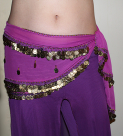 Tr13 - Tribal fusion fantasy hipbelt PURPLE, GOLD colored  coins decorated - Foulard MAUVE pour la danse orientale et tribale aux sequins et perles dorés, modèle  rectangle