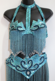 5-piece professional Bellydance Show costume, fully sequinned, beaded fringe decorated, TURQUOISE BLUE SILVER