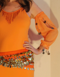 ORANGE Baladi / Saidi / bellydance dress, GOLD decorated, with loose sleeves