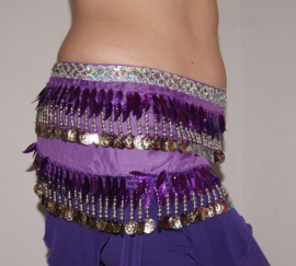 Basic hipbelt for bellydancers, SILVER beads, coins and leaves decorated. PURPLE LILAC hip shawl, SILVER Glitterband decorated