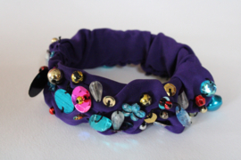 Glitter bracelet DARK PURPLE,  MULTICOLORED stones, beads and dangling bells decorated