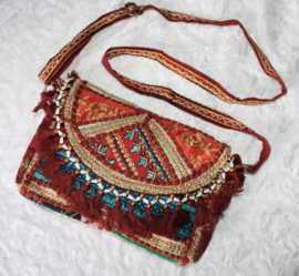 Unieke Boho hippie chic handtas patchwork, kwastjes, rits drukknoop BORDEAUX1 ORANJE TURQUOISE BLAUW - 23cm x 13 cm x 6cm