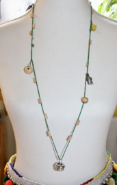2-piece necklace set, one YELLOW, one GREEN: crocheted necklace with a variety of wooden beads, turquoise beads, shell, fish and a bell