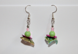 Abelone shell earrings, PINK SILVER GREEN beads decorated