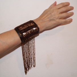 one size - Arm cuff / wrist band fully sequinned with beaded fringe DARK BROWN