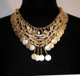 Golden metal necklace,  coins necklace, choker, decorated with little arcs and coins