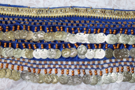 G54 - M/L  XL/XXL - Coinbelt for bellydancing, velvet crocheted decorated with beads, coins and glitter band ROYAL BLUE GOLD